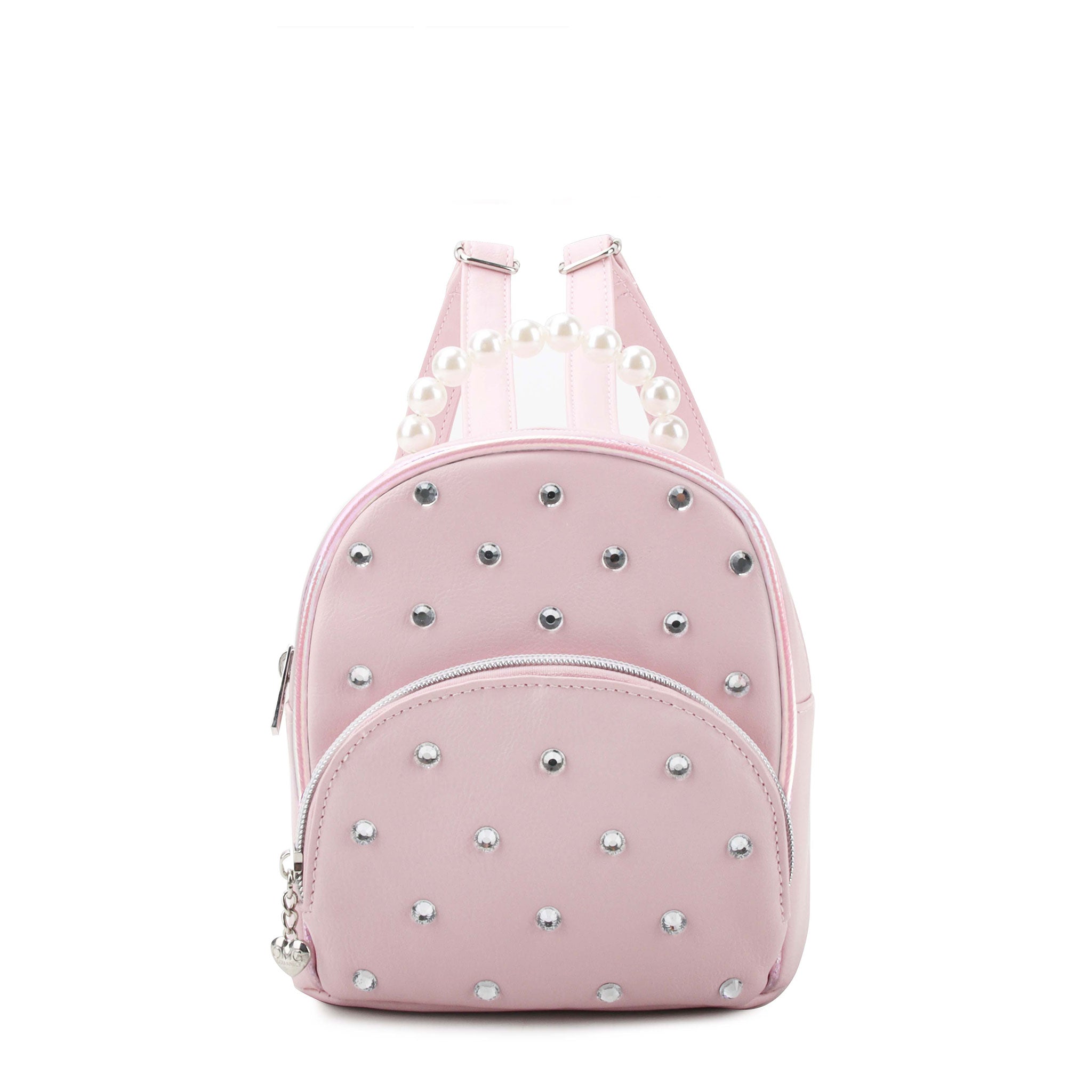 pink micro mini backpack with rhinestone studs and pearl top handle 