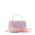 Front view of a sequin crossbody embellished with pearl detail, along with a beaded pearl top handle