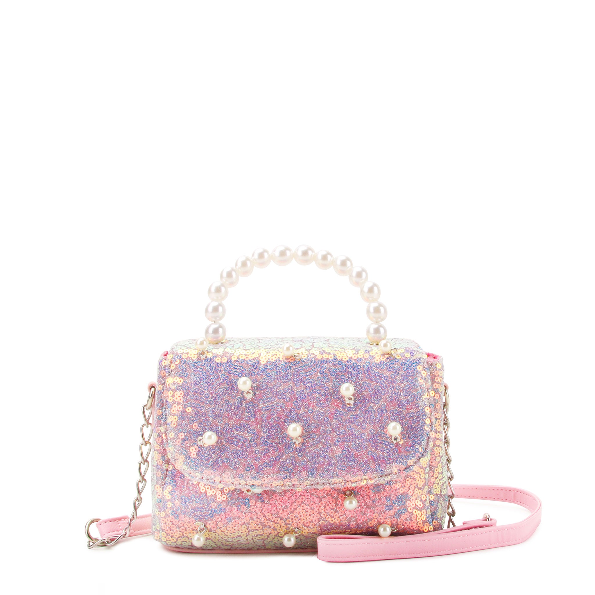 Front view of a sequin crossbody embellished with pearl detail, along with a beaded pearl top handle