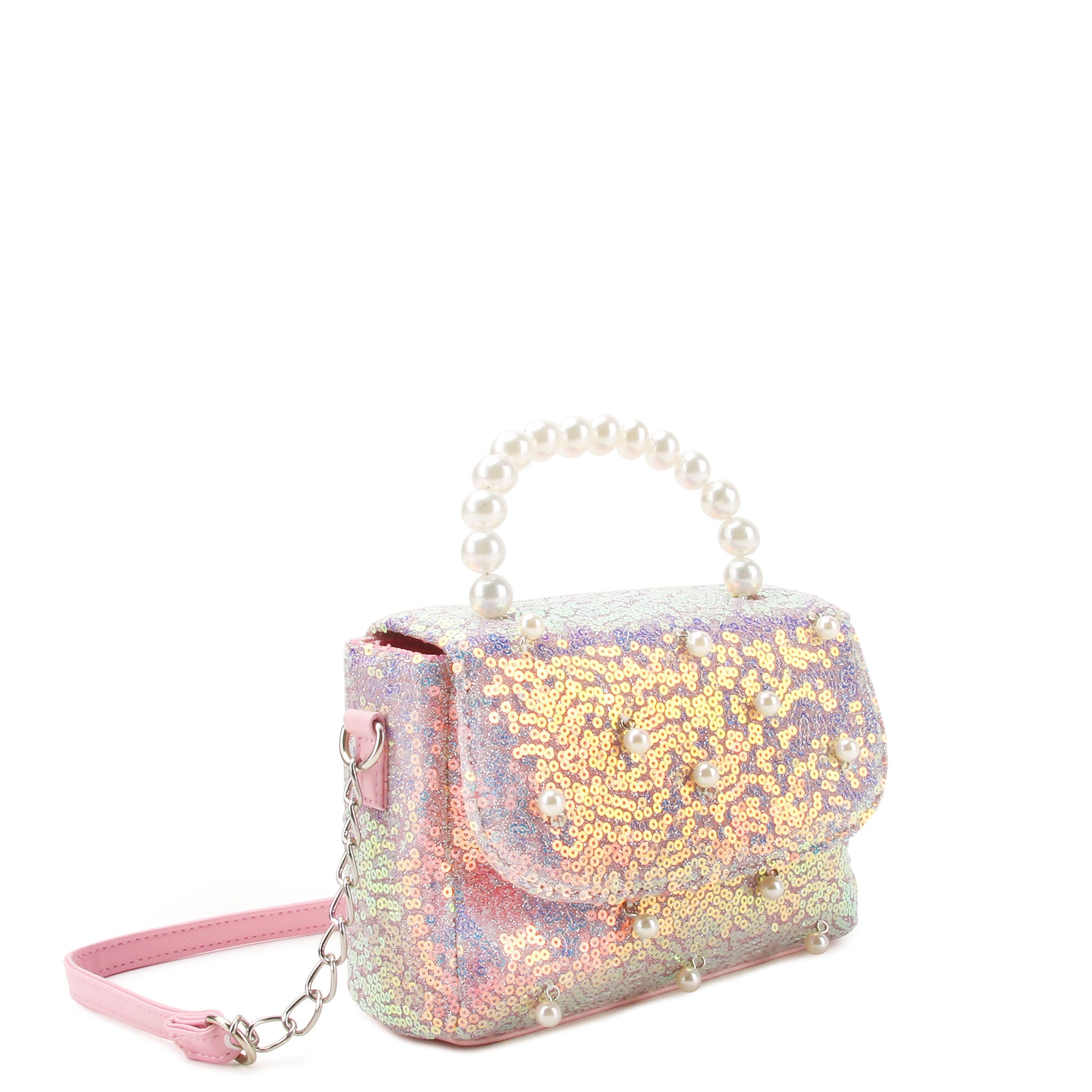 Side view of a sequin crossbody embellished with pearl detail, along with a beaded pearl top handle