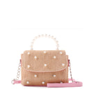 front view of a straw pearl handle crossbody bag 