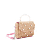 side view of a straw pearl handle crossbody bag 
