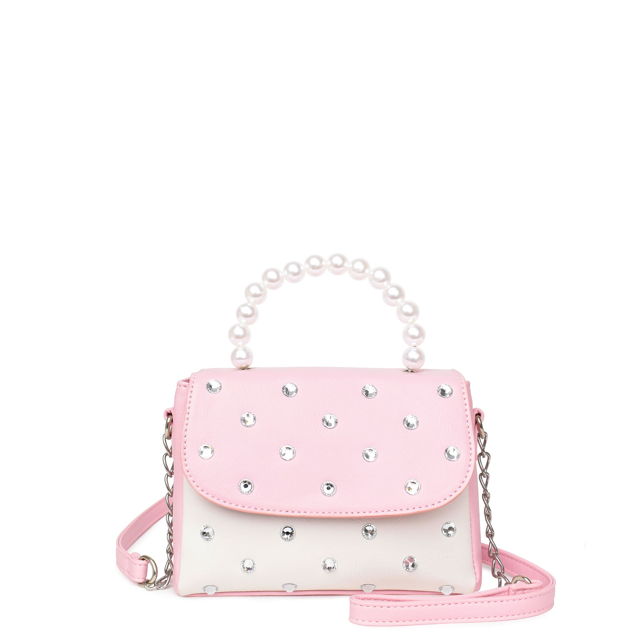 front view of a rhinestone covered pink and white mini crossbody bag with a pearl beaded top handle