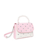 side  view of a rhinestone covered pink and white mini crossbody bag with a pearl beaded top handle