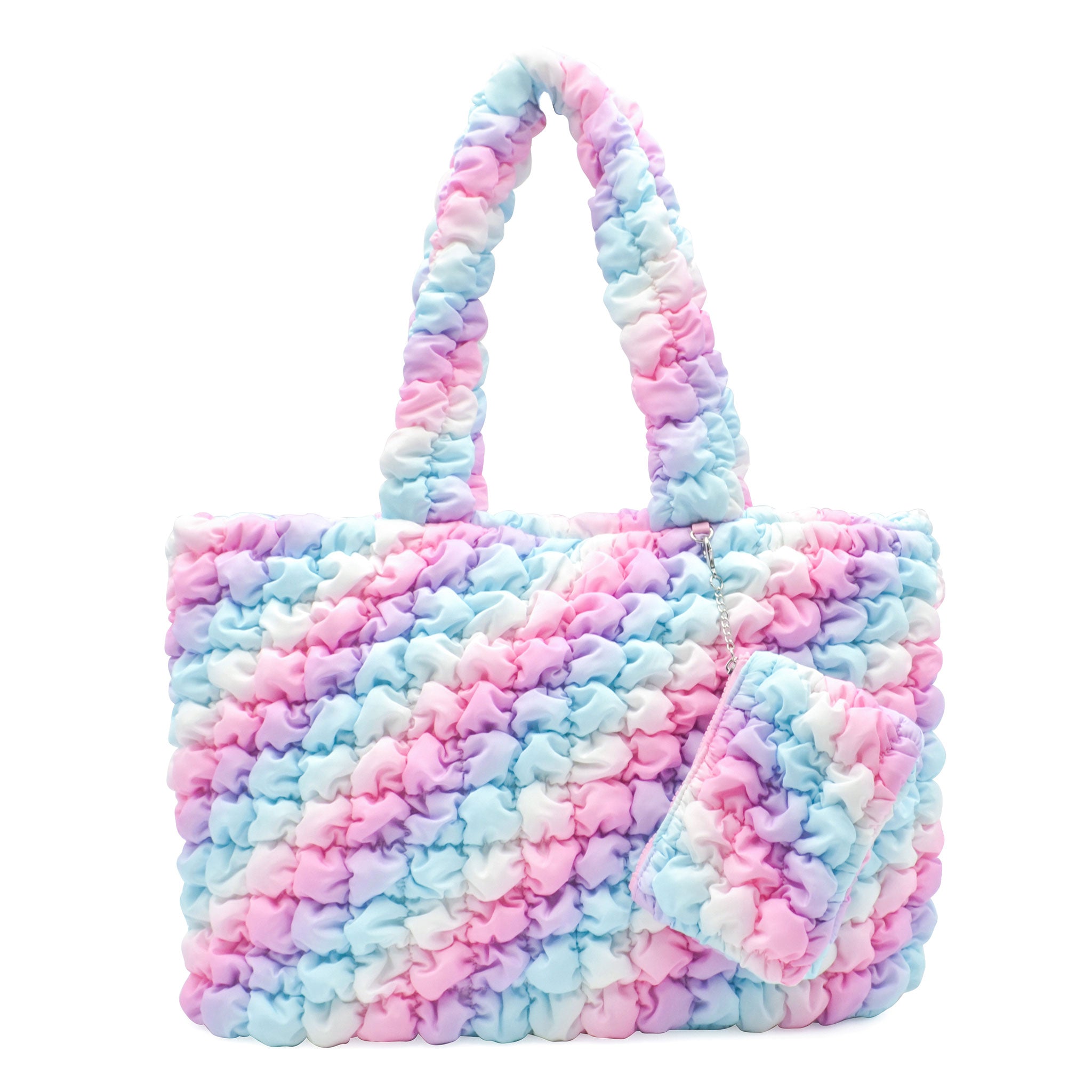 Front view of an icy ombre nylon quilted large tote bag with a detachable coin purse 