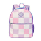 Front view of a pink, purple, and white checkerboard large backpack with a rhinestone applique