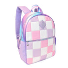 Side view of a pink, purple, and white checkerboard large backpack with a rhinestone applique