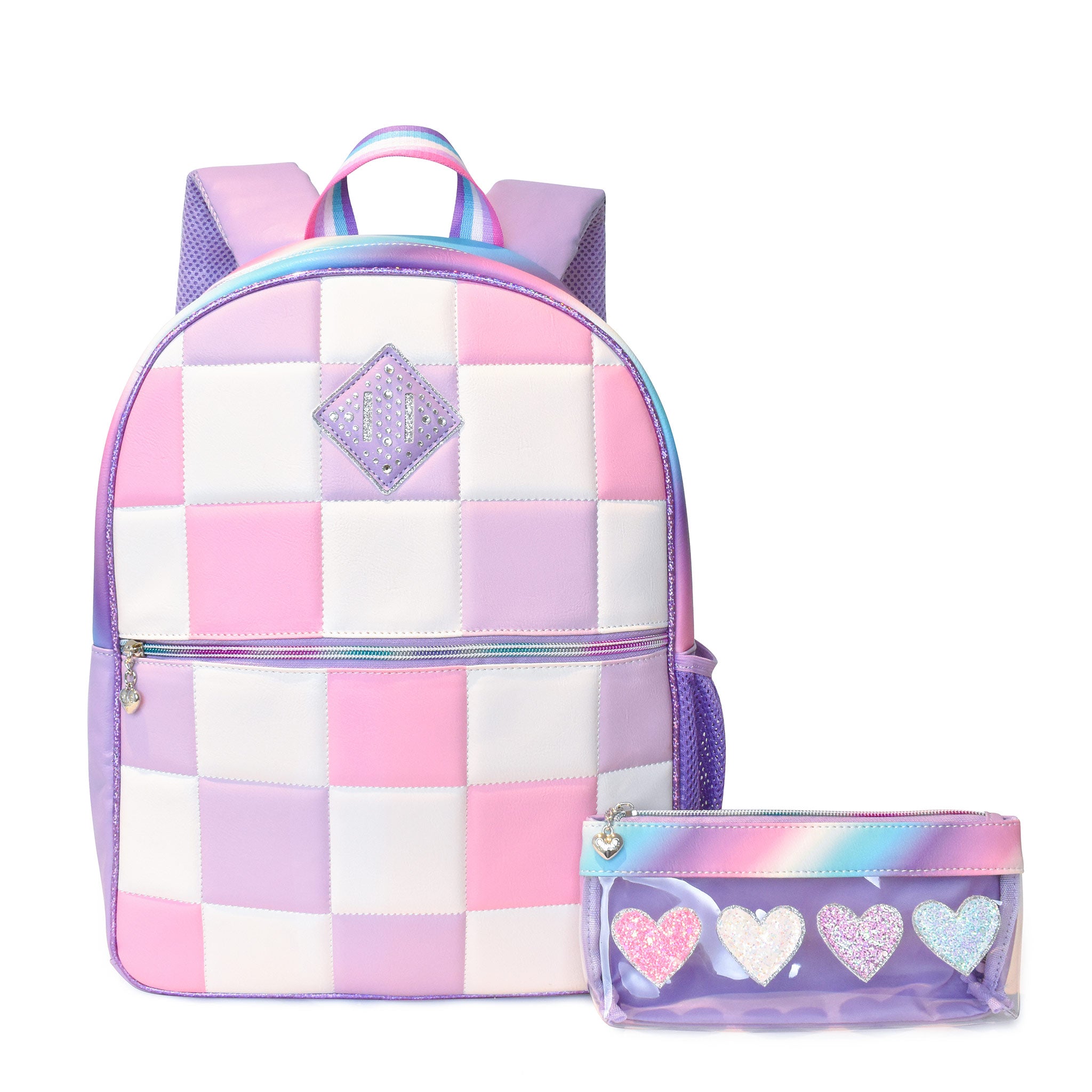 Front view of a pink, purple, and white checkerboard large backpack with a rhinestone applique and a glitter heart patch clear pencil pouch 