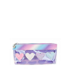 Front view of a clear front glitter-heart patched pencil pouch