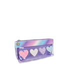 Side view of a clear front glitter-heart patched pencil pouch