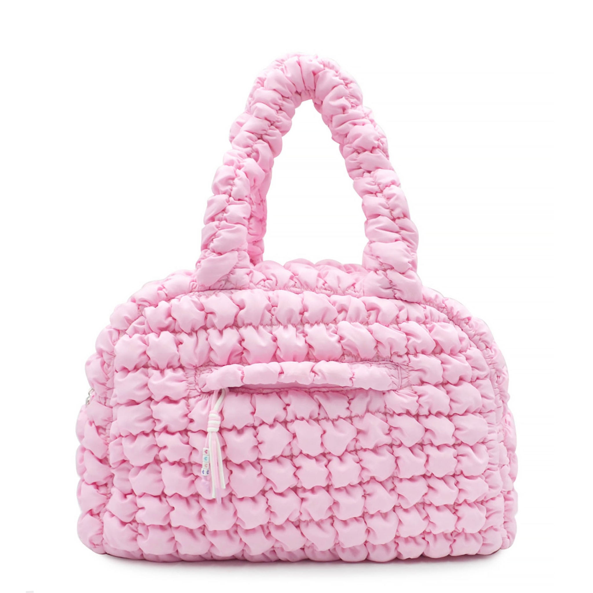 front view of a light pink quilted medium duffle bag 