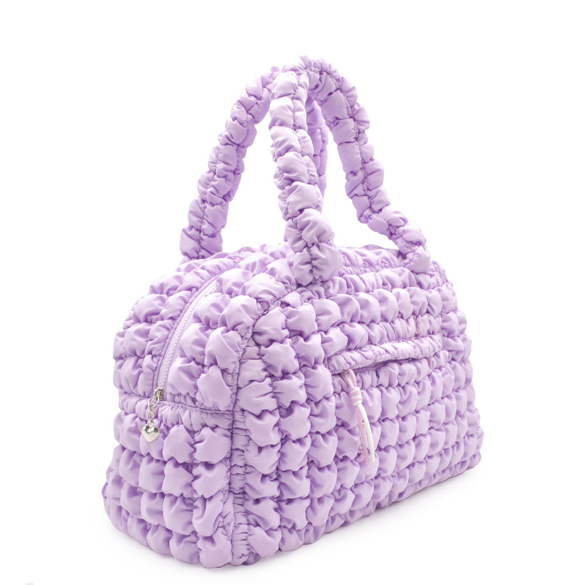 side view of a nylon quilted lavender medium duffle bag 