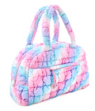 side  view of an ombre quilted nylon medium duffle bag with sports zipper pull