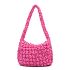 front view of a hot pink colored quilted nylon hobo style crossbody sling bag