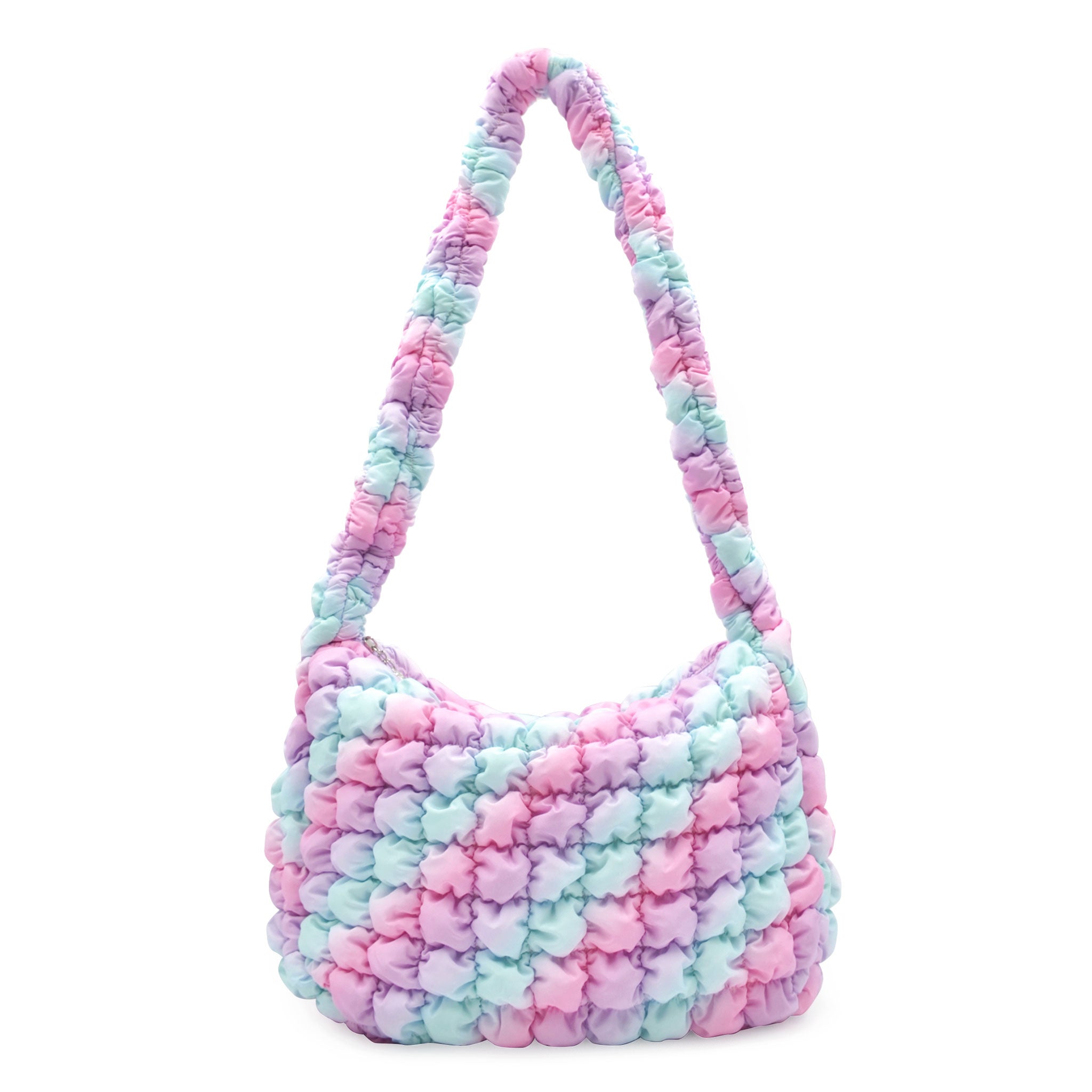 front view of an ombre colored quilted nylon hobo style crossbody sling bag