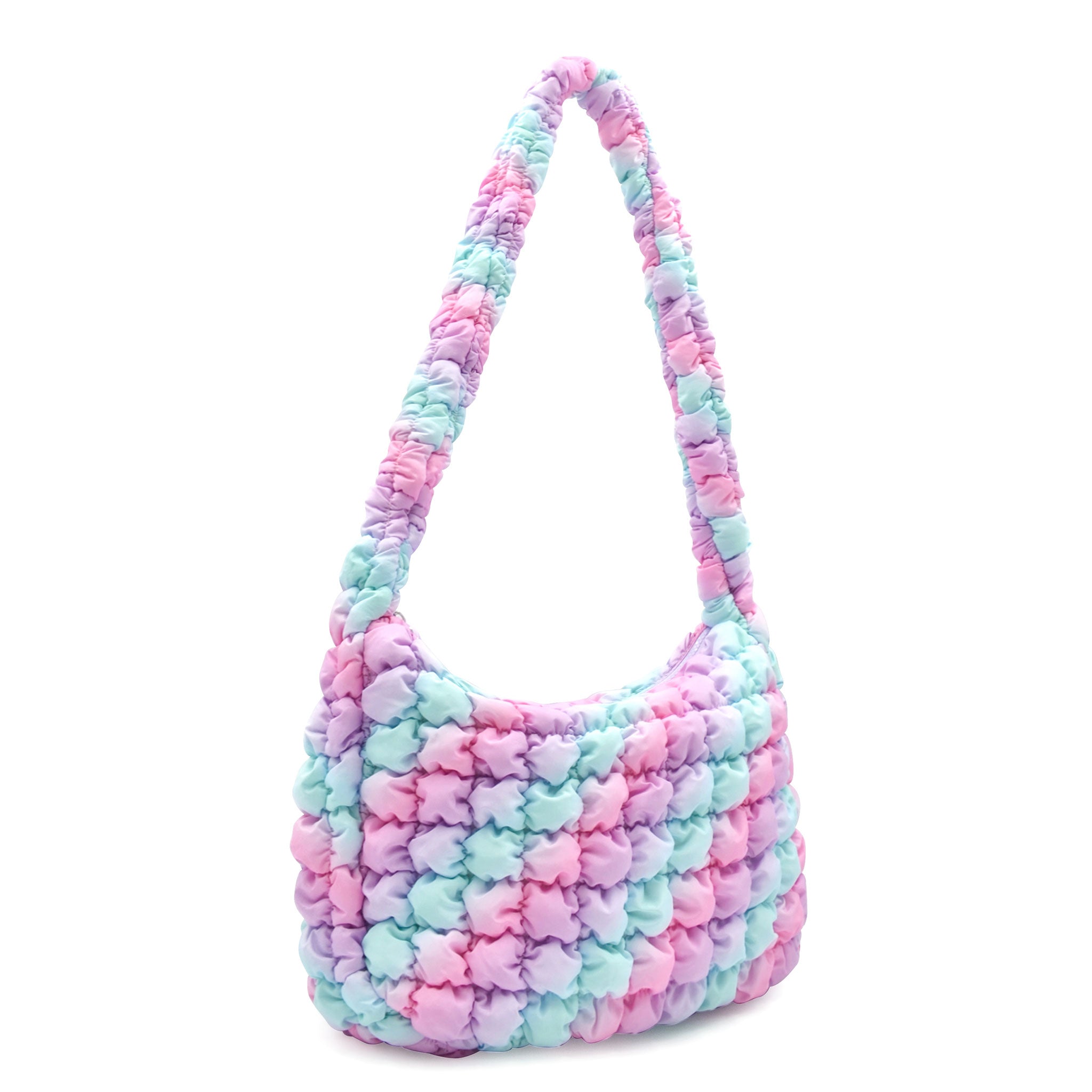 front view of an ombre colored quilted nylon hobo style crossbody sling bag