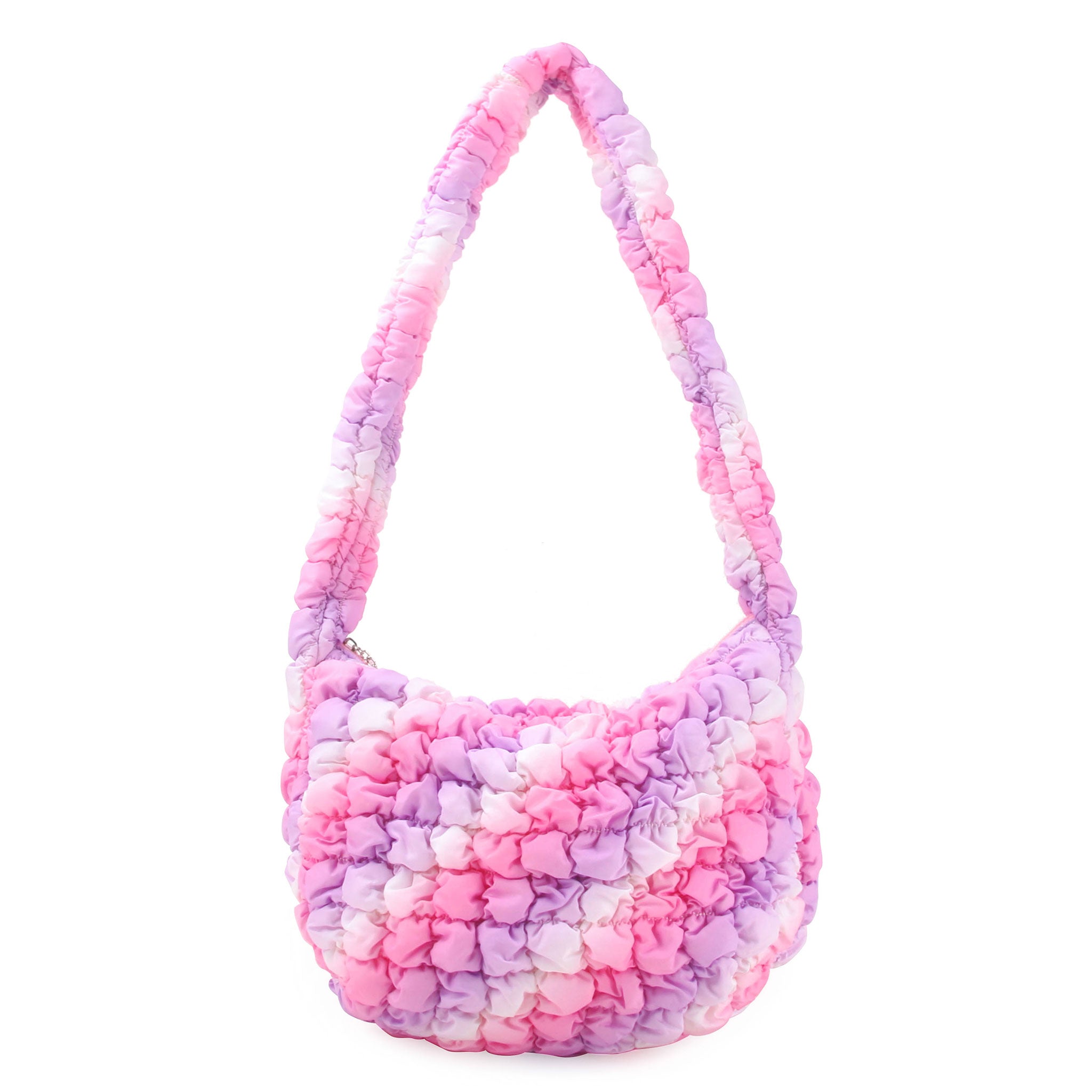 front view of a pink and purple ombre colored quilted nylon hobo style crossbody sling bag