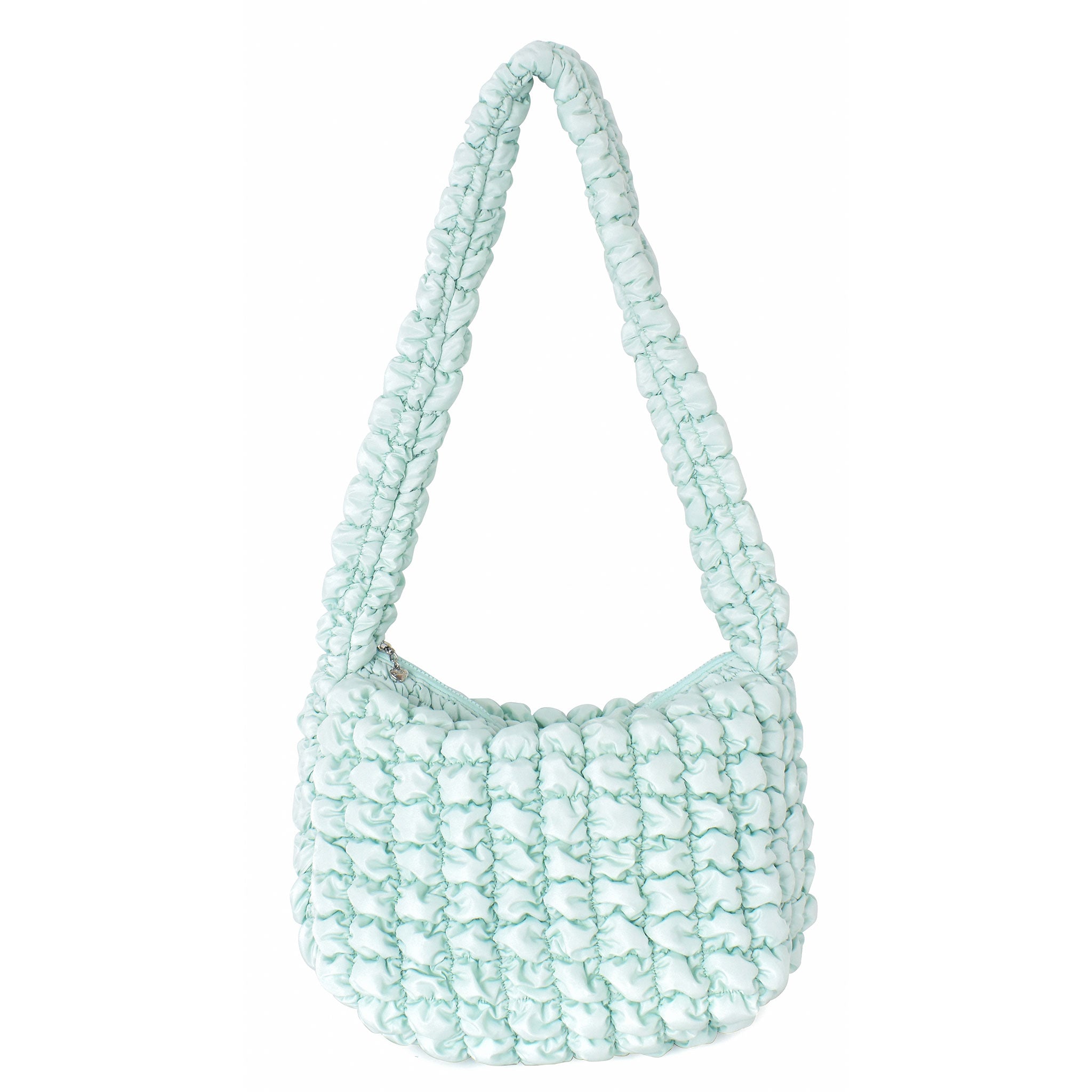 front view of a light aqua colored quilted nylon hobo style crossbody sling bag