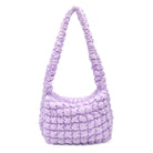 front view of a lavender quilted nylon large hobo style sling bag