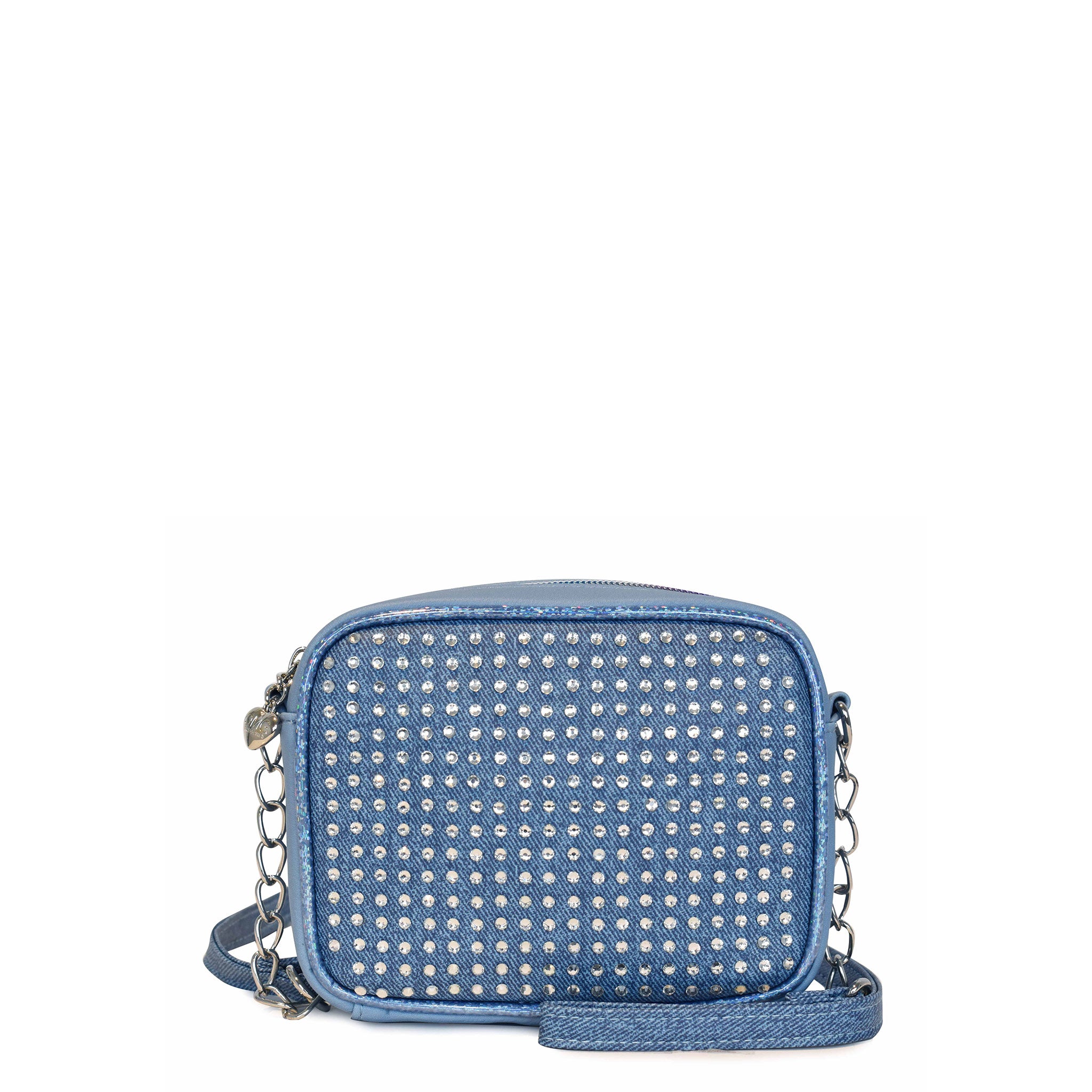 Front view of a denim rhinestone covered crossbody