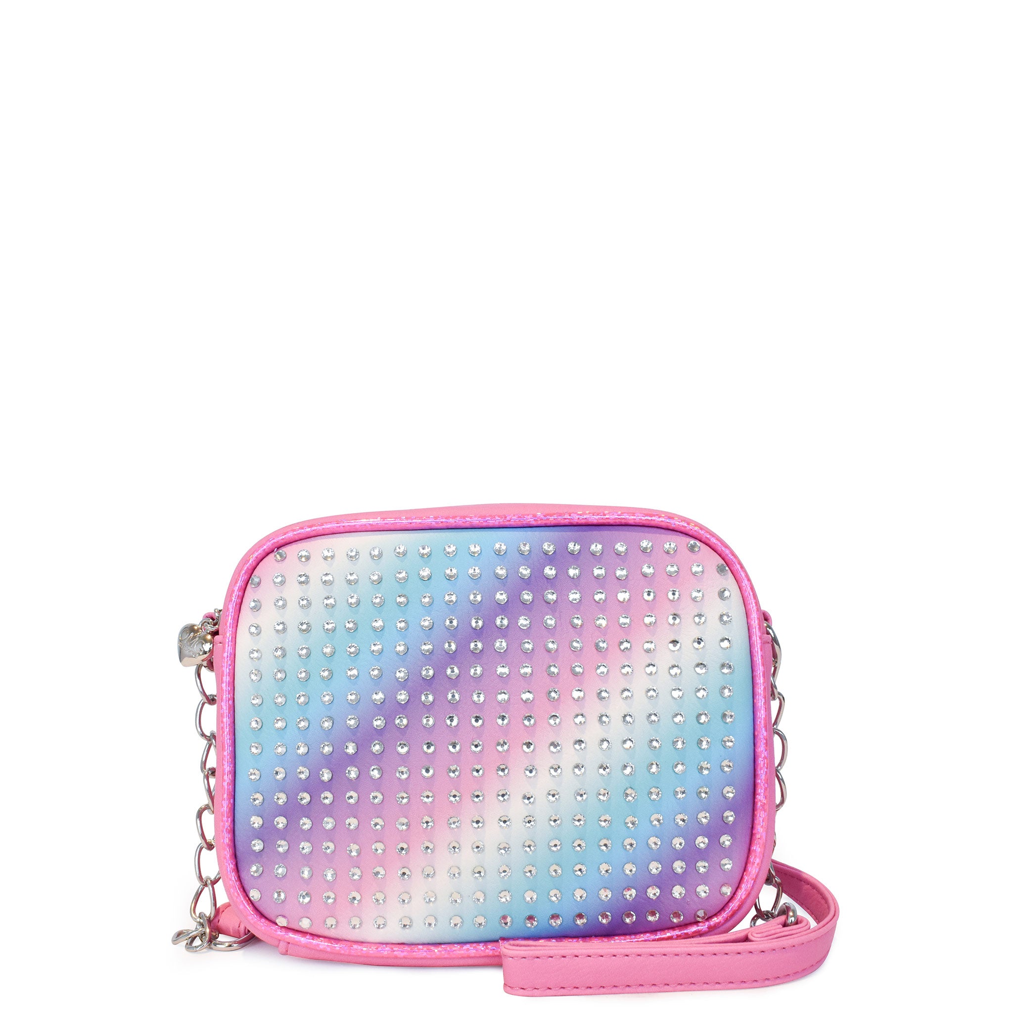 Front view of a cool pastel ombre crossbody covered in rhinestones