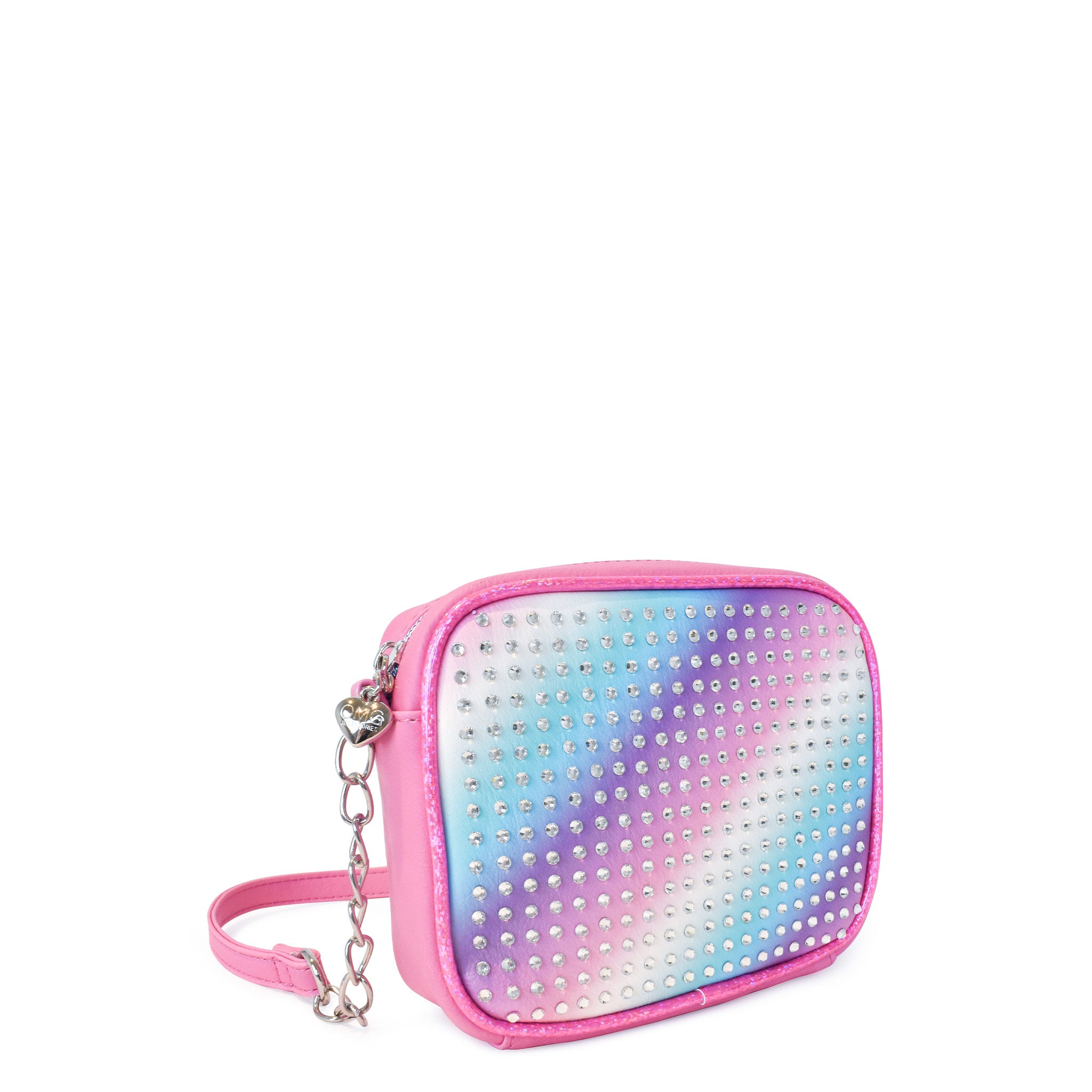 Side view of a cool pastel ombre crossbody covered in rhinestones