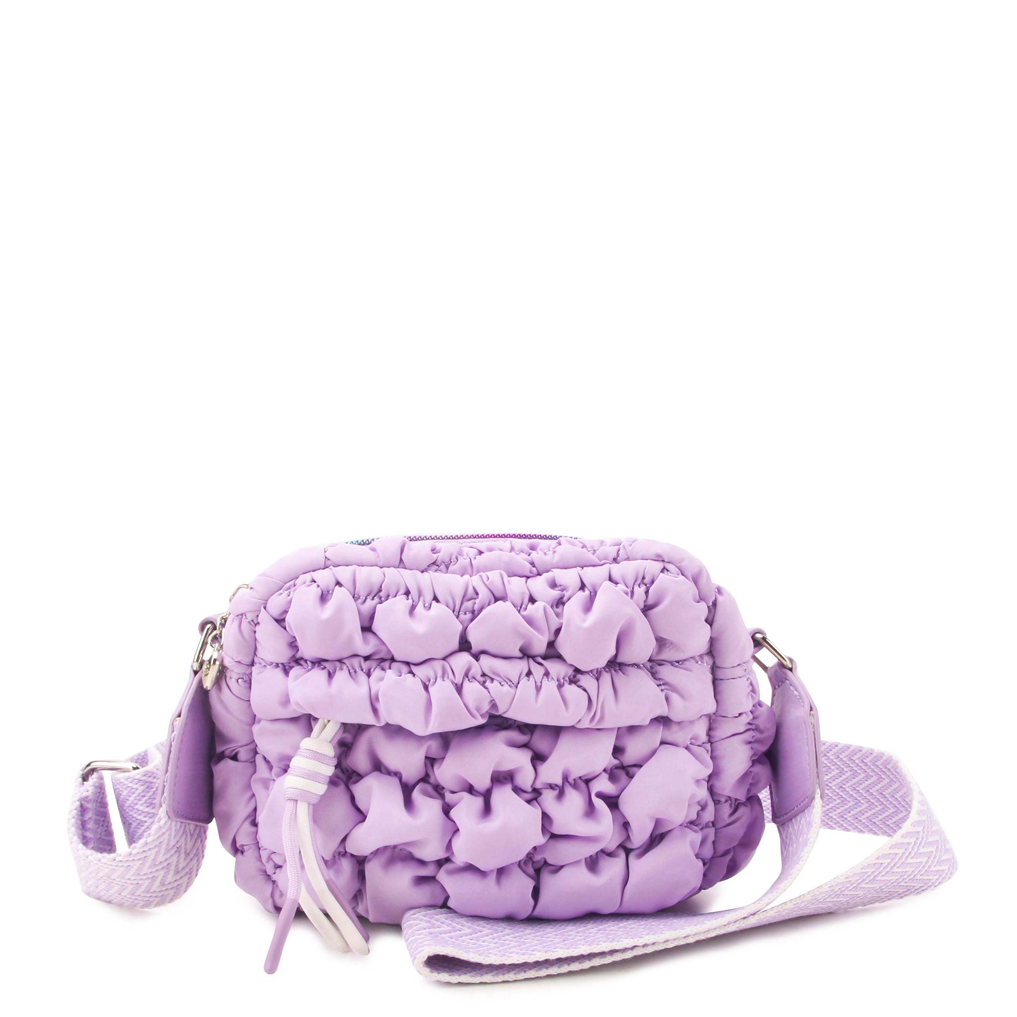 front view of a lavender quilted nylon crossbody bag with a sports zipper pocket 