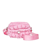 front view of a pink nylon quilted mini crossbody bag with drawstring closure and a heart strap