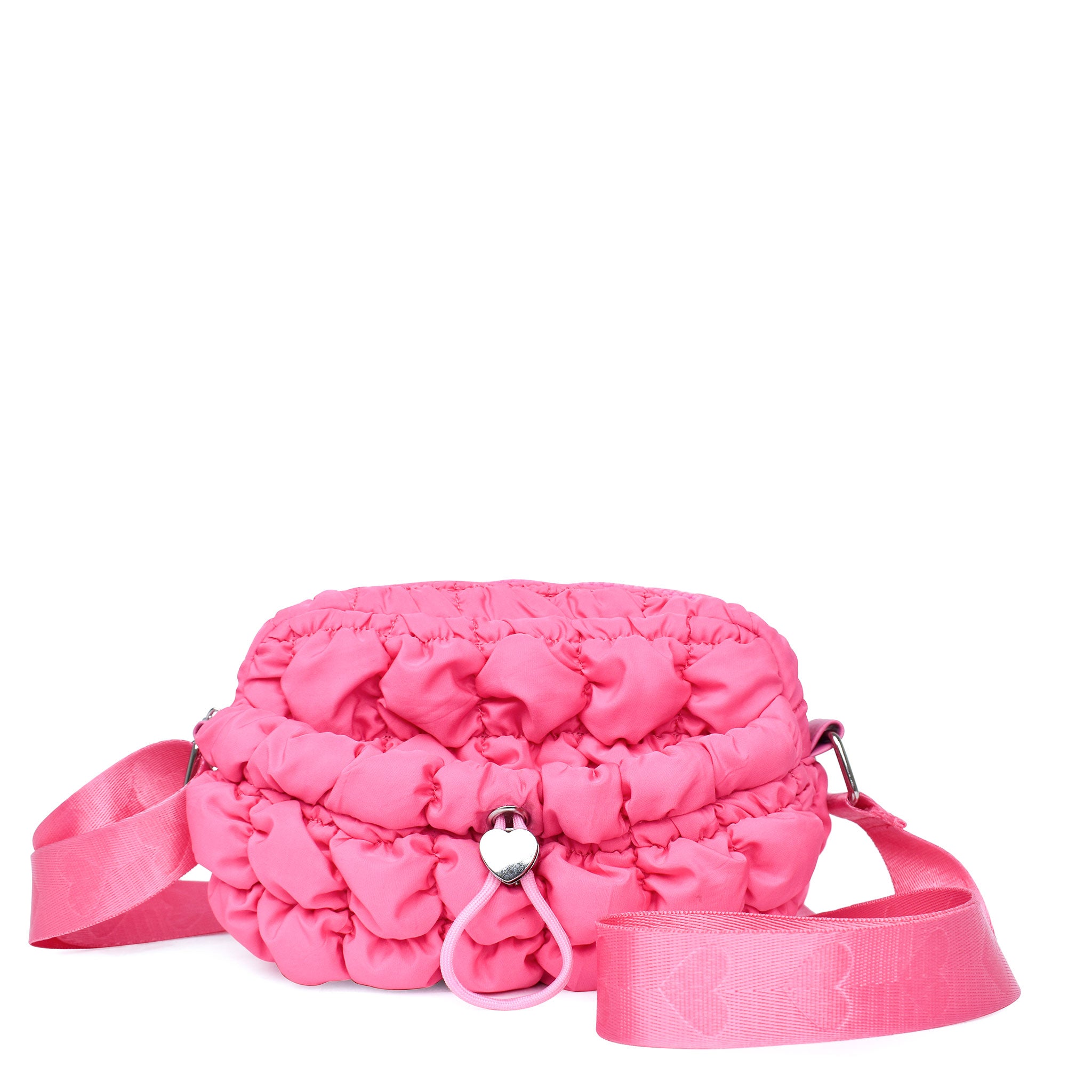 front view of a hot pink nylon quilted mini crossbody bag with drawstring closure and a heart strap