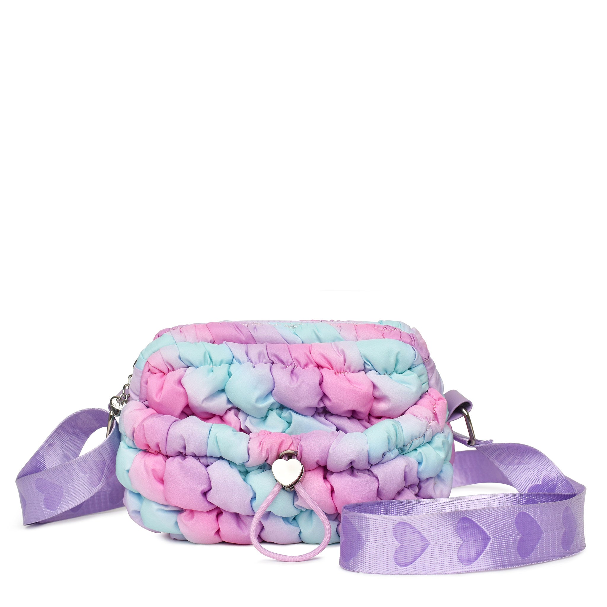 front view of an ombre nylon quilted mini crossbody bag with drawstring closure and a heart strap