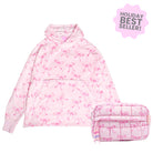 Bundle Set Image of a Pink Bow Print Oversized Blanket Hoodie & Pink Bow Print Scrunch Cosmetic Pouch