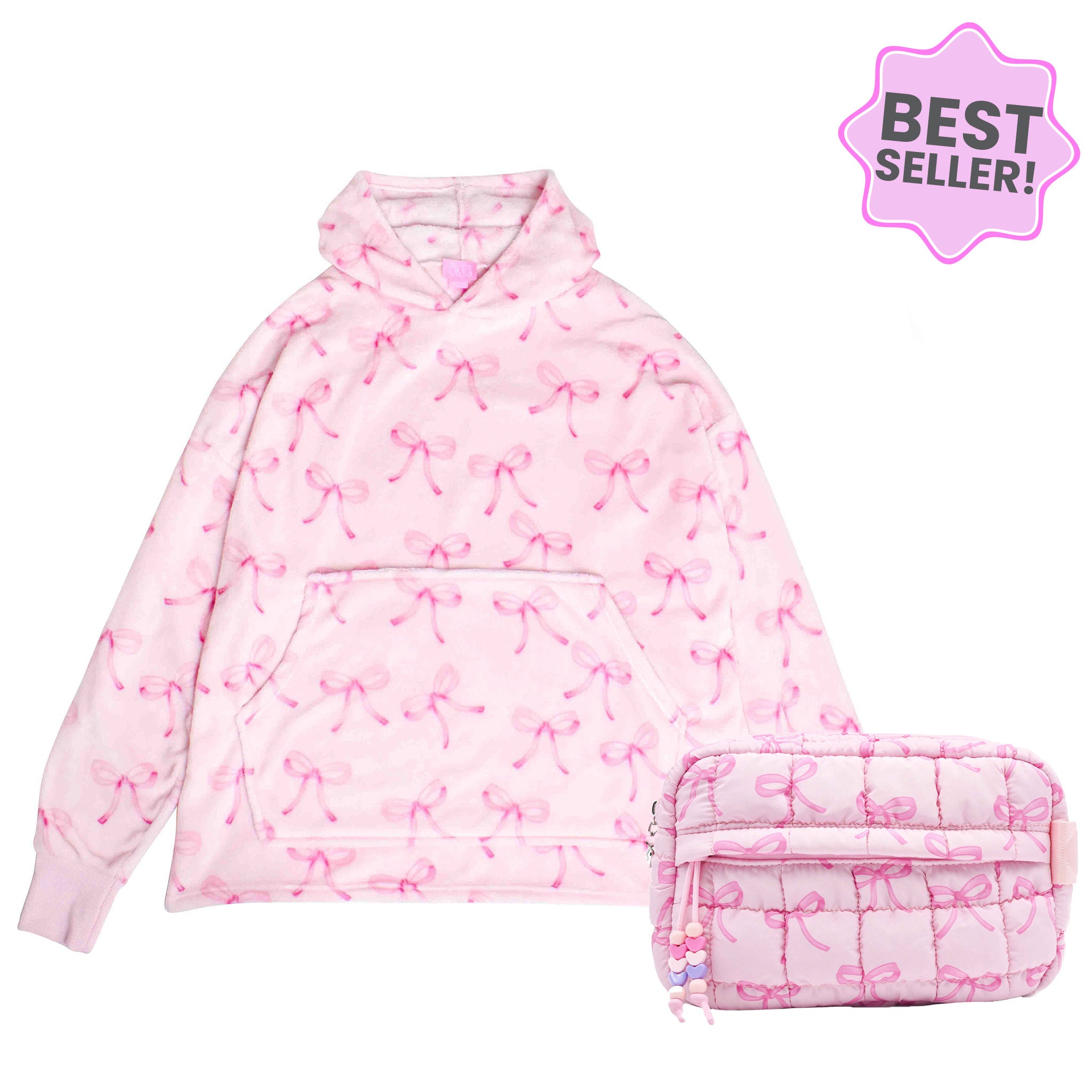 Bundle Set Image of a Pink Bow Print Oversized Blanket Hoodie & Pink Bow Print Scrunch Cosmetic Pouch