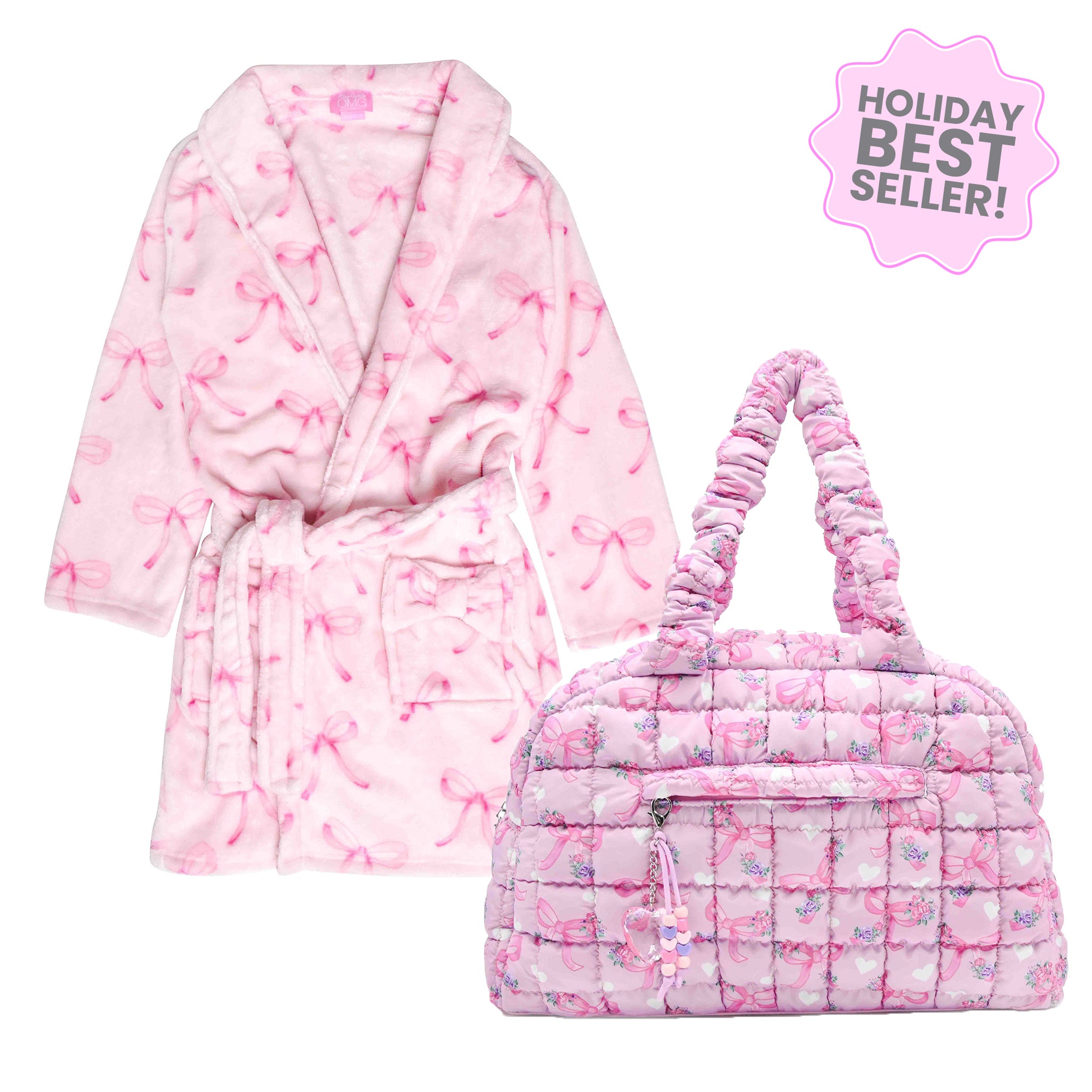 Bundle Gift Set of a Pink Bow Fleece Robe with a matching floral bow duffle bag