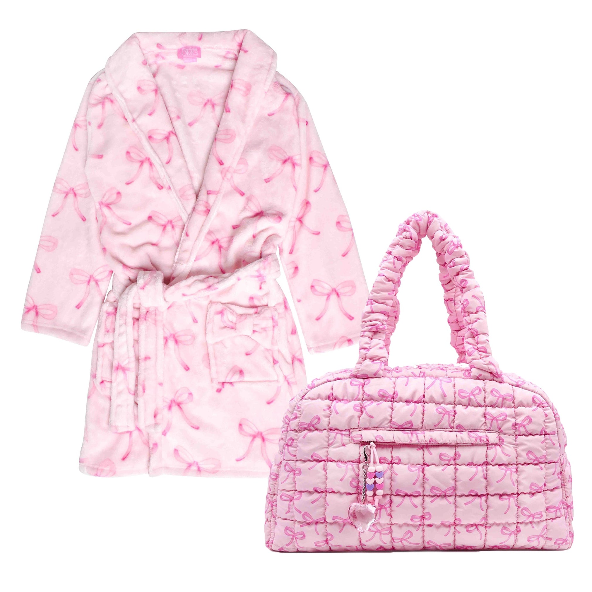 Bundle Set of a Pink Fleece Bow Print Robe with a Pink Scrunchie Bow Print Duffle Bag
