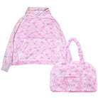 Bundle Set of a Purple Fleece Floral Bow Print Hoodie with a Light Pink Scrunchie Floral Bow Print Duffle Bag