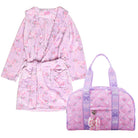 Bundle Set of a Purple Fleece Floral Bow Print Robe with a Pink and Purple Color-Blocked Quilted Floral Bow Print Duffle Bag with a Sequins Puffer Bow bag charm