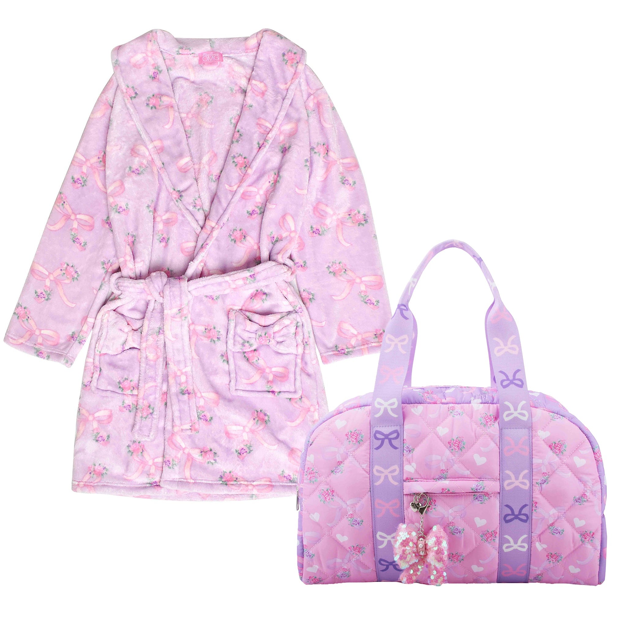 Bundle Set of a Purple Fleece Floral Bow Print Robe with a Pink and Purple Color-Blocked Quilted Floral Bow Print Duffle Bag with a Sequins Puffer Bow bag charm