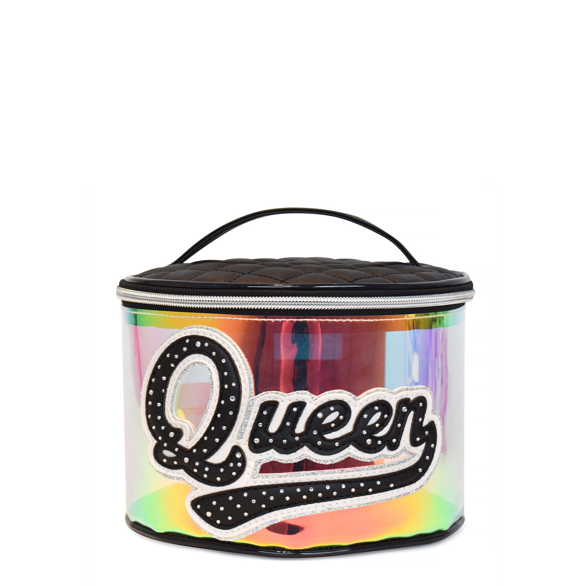Front view of a glazed rounded train case with a black quilted top and retro script letters 'Queen' .