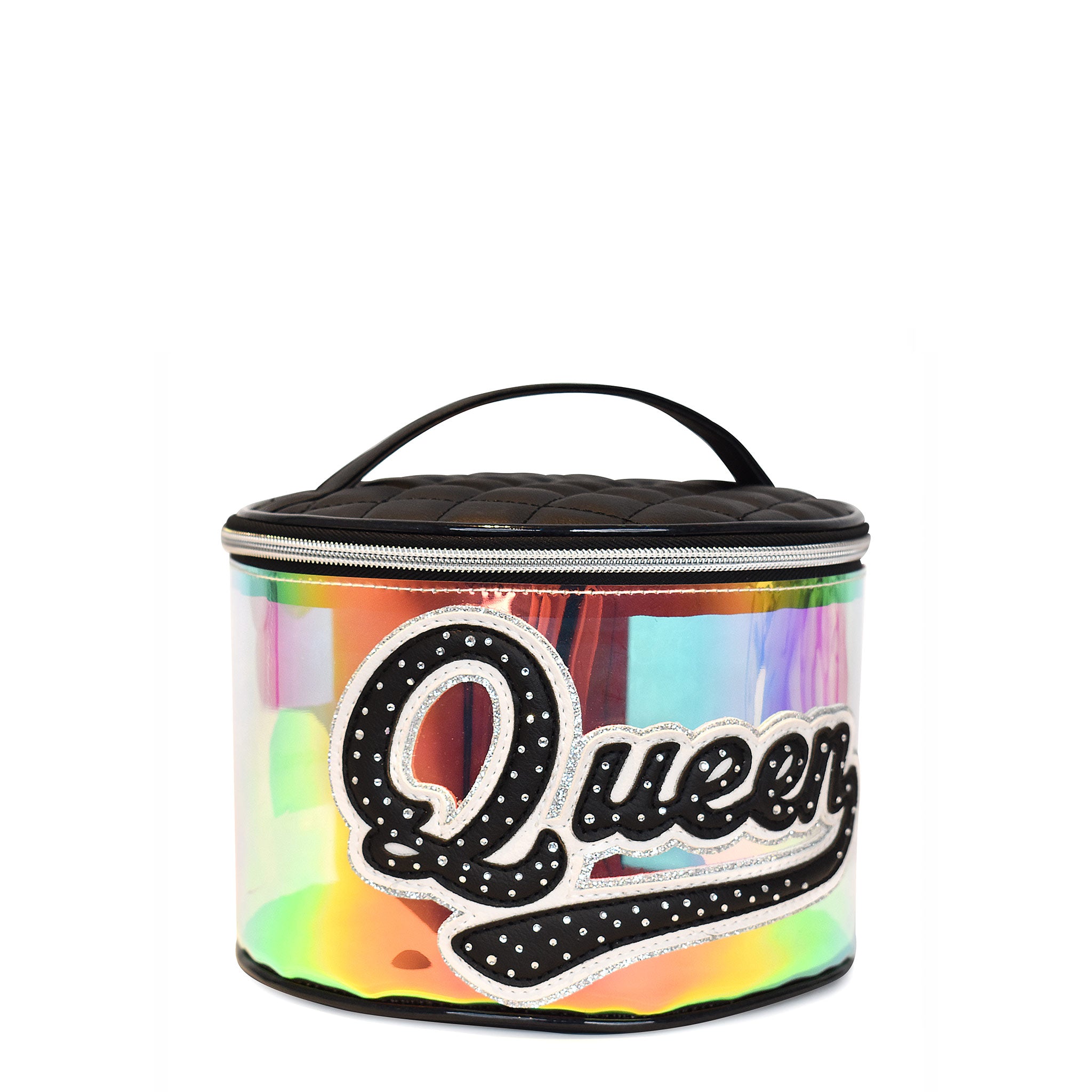Side  view of a glazed rounded train case with a black quilted top and retro script letters 'Queen' .