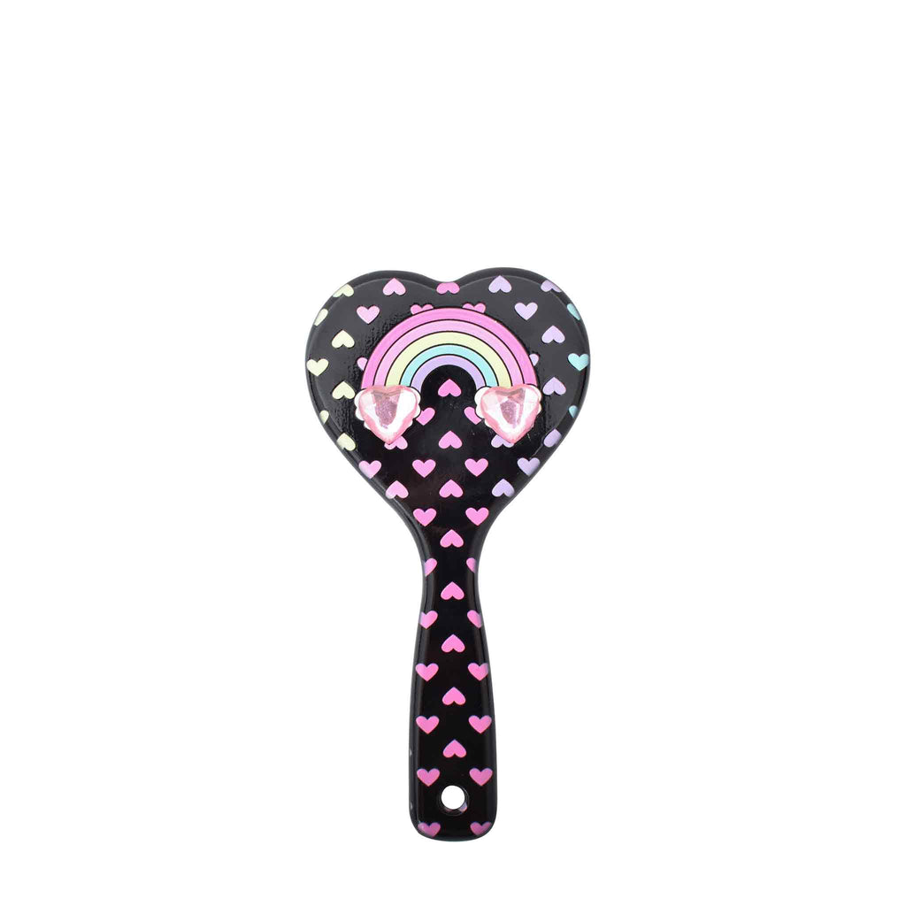 Front view of rainbow black heart-shaped hairbrush