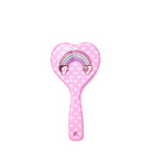 front view of a heart printed & heart-shaped hairbrush with a rainbow icon