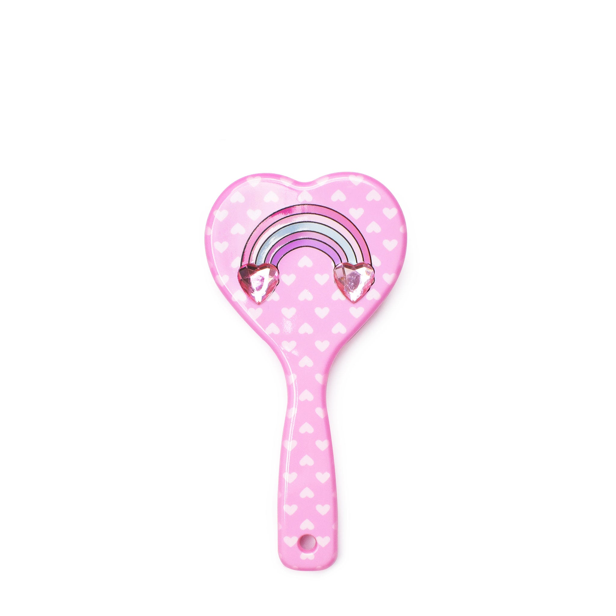 front view of a heart printed & heart-shaped hairbrush with a rainbow icon