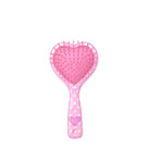 back view of a heart printed & heart-shaped hairbrush with a rainbow icon