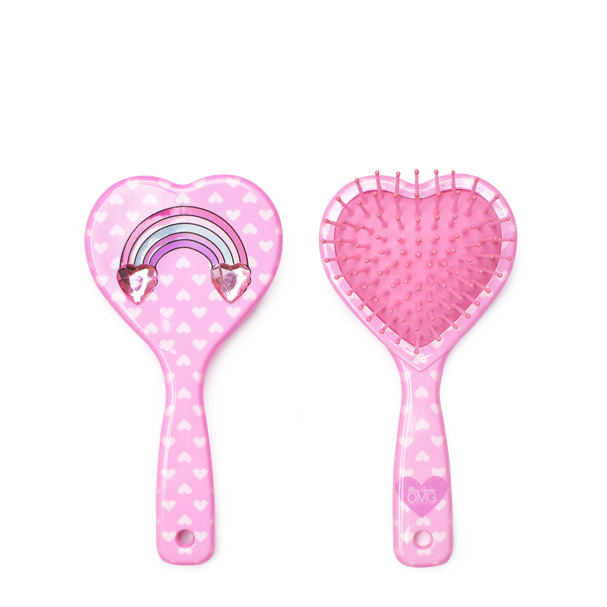 Front and back view of a heart printed & heart-shaped hairbrush with a rainbow icon