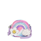 Front view of a rounded rainbow crossbody with a glitter daisy and rhinestone cloud appliqués 