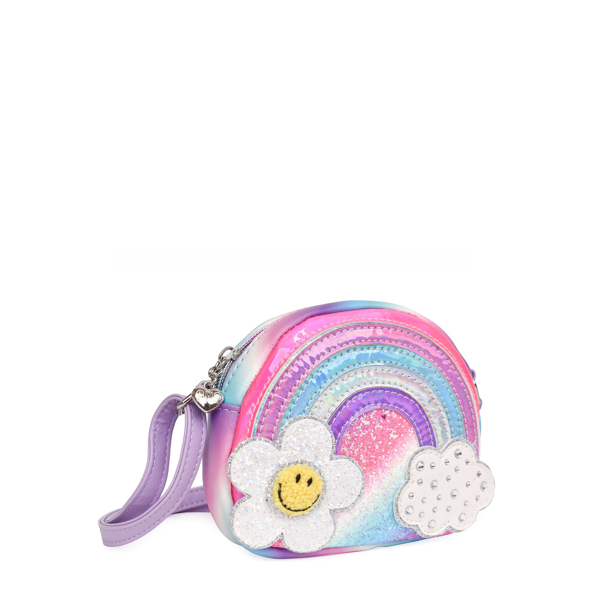 Side view of a rounded rainbow crossbody with a glitter daisy and rhinestone cloud appliqués
