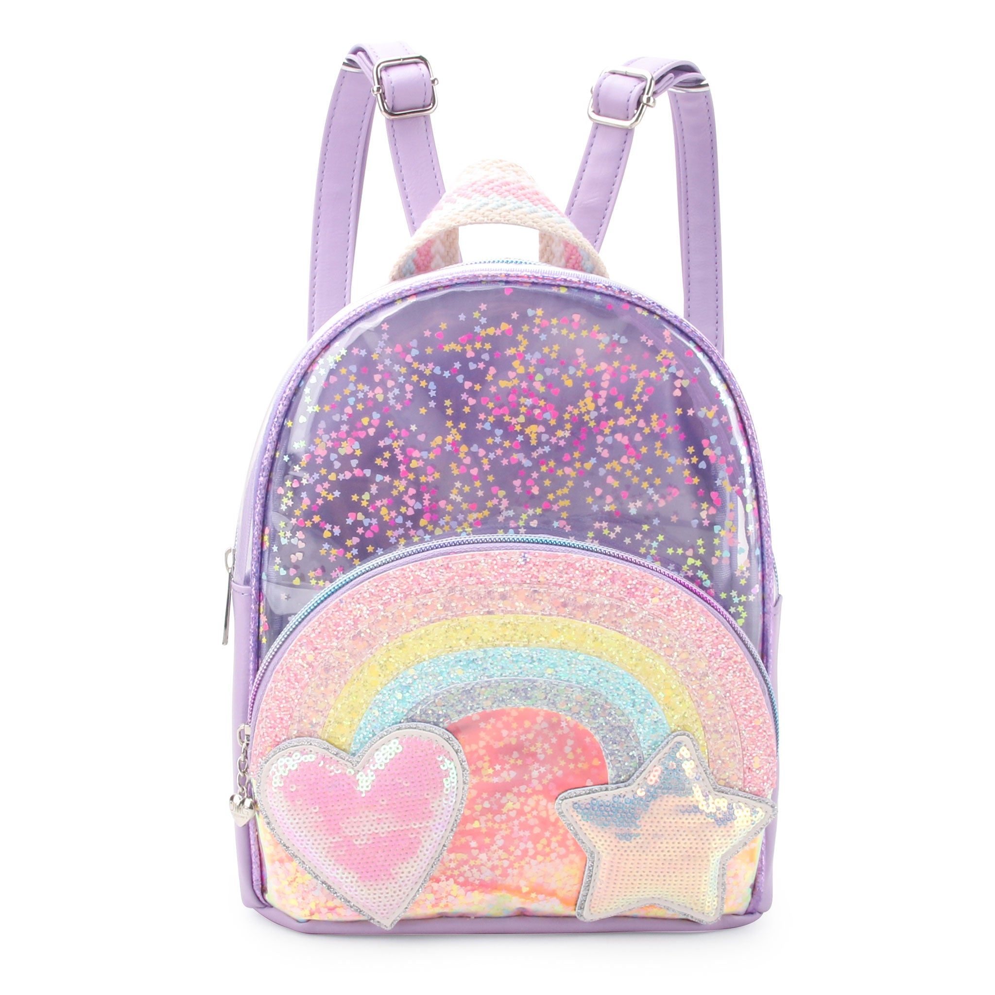 front facing view of a clear purple mini backpack with printed confetti detailing and a rainbow shaped and colored front zipper pocket 