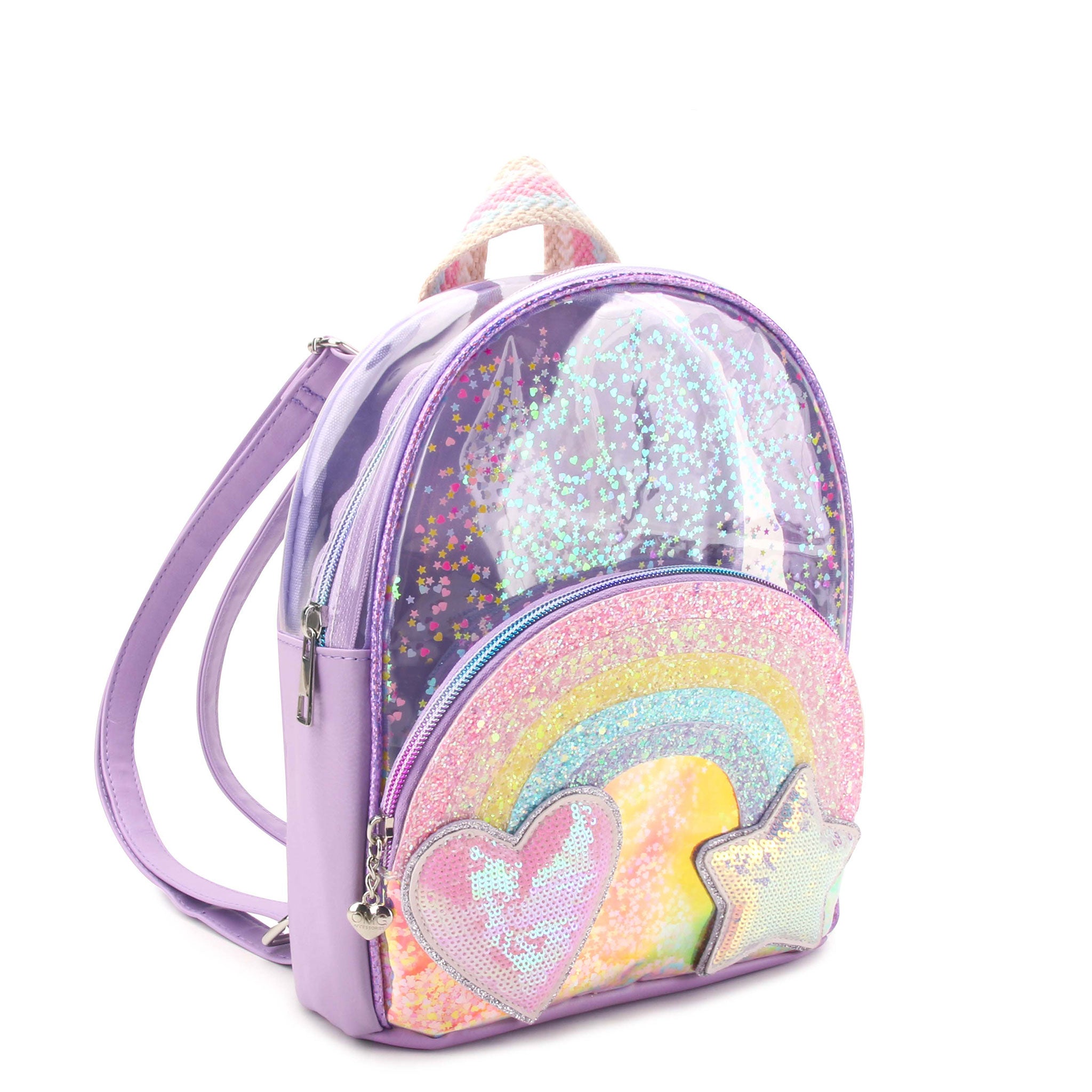 3/4 angle facing view of a clear purple mini backpack with printed confetti detailing and a rainbow shaped and colored front zipper pocket 