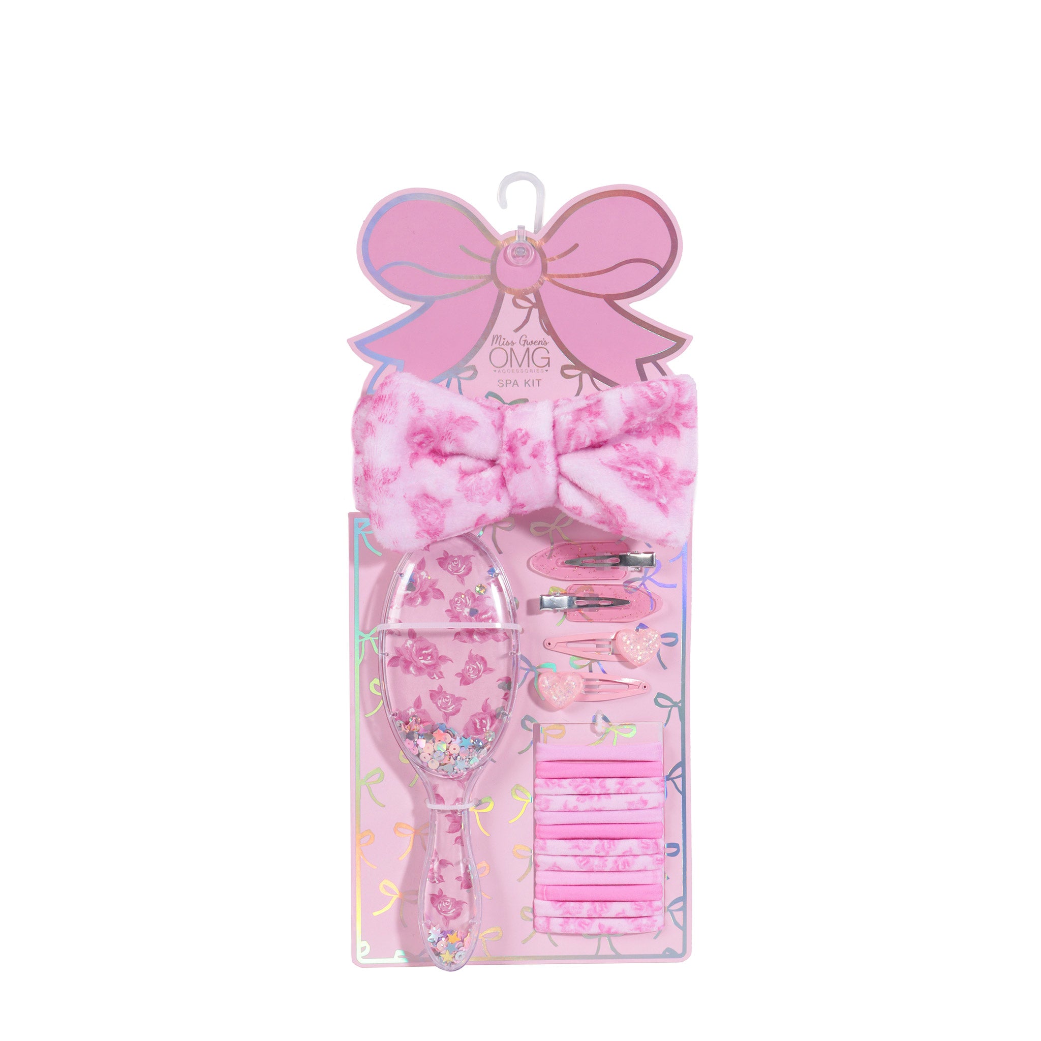 Pink Rose Printed Hair Accessory Set including a plush spa headband, hairbrush with shaky confetti, 4 hair clips, and assorted hair scrunchies