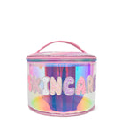 front view of a glazed clear rounded train case with bubble lettering 'skincare' glitter appliqués